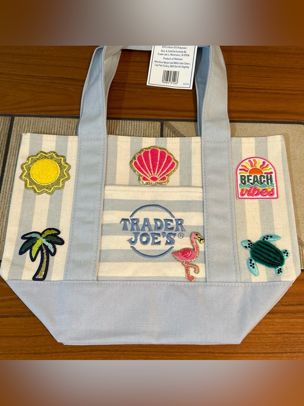 Upcycled Trader Joe's Light Blue Striped Canvas Tote with Beach Patches